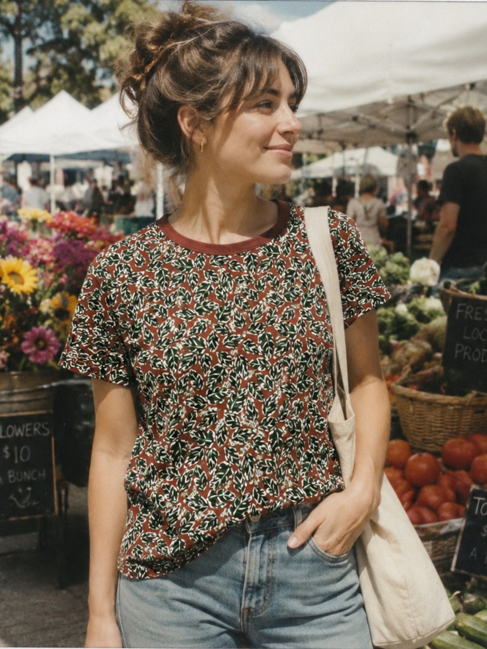 DIP T-Shirt L 100% Organic Cotton Leaf Print Crewneck Short Sleeve Plant Mom